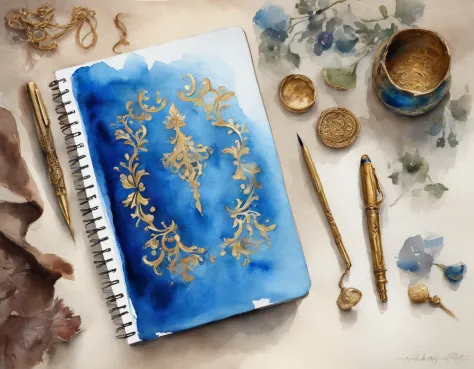 a blue notebook with gold ornaments and a fountain pen.