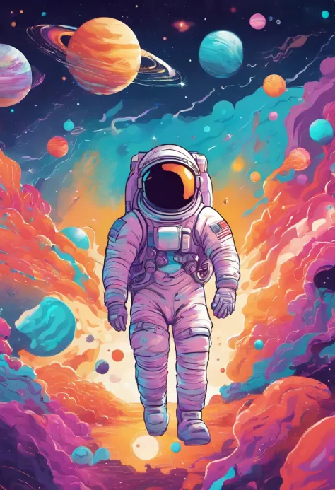 create a joyful and vibrant digital art illustration of a cheerful astronaut in a whimsical, outer space setting. use a bright a...