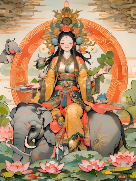 an ancient chinese goddess, guanyin of the southern seas, guanyin, inspired by india, avalokiteshvara rides an elephant，,serene ...