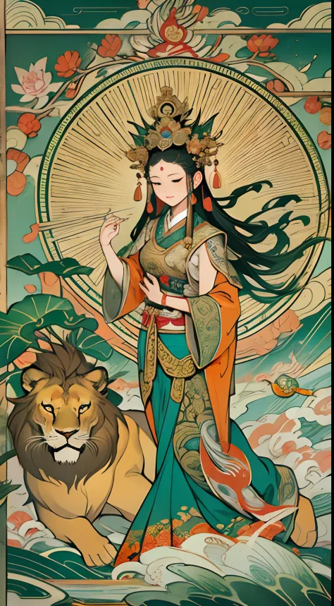 an ancient chinese goddess, guanyin of the southern seas, guanyin, inspired by india, avalokiteshvara rides a lion，,serene expre...