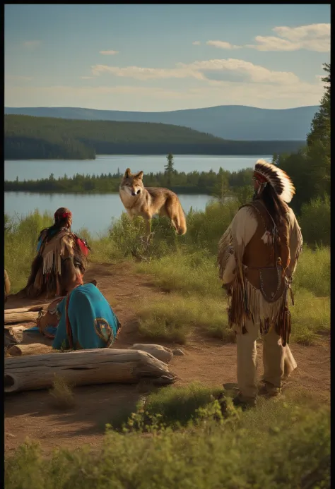 native americans watching a coyote come into camp, bright sunny day, next to lake