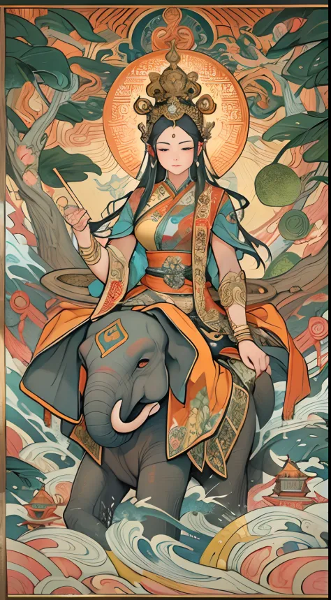 an ancient chinese goddess, guanyin of the southern seas, guanyin, inspired by india, avalokiteshvara rides an elephant，,serene ...