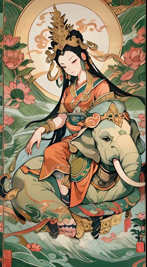 an ancient chinese goddess, guanyin of the southern seas, guanyin, inspired by india, avalokiteshvara rides an elephant，,serene ...