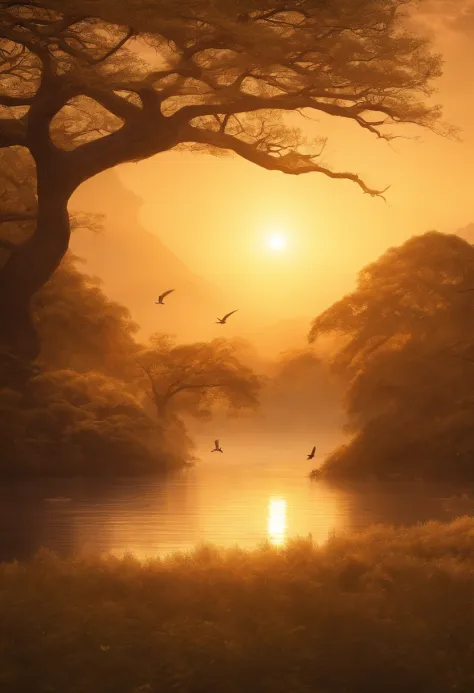 peaceful scenery at dawn, soft gold tones depict the horizon where birds sing, onohana，a towering tree，image in 2560 x 1440 pixe...