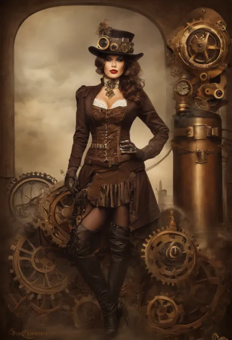 there was a man in a steampunk hat，woman with a gun., steampunk girl, wearing steampunk attire, teenage inventor steampunk, (ste...