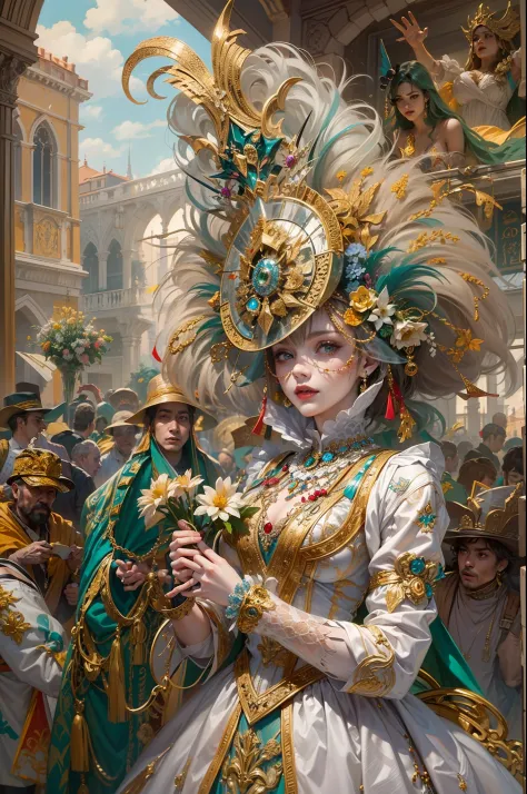 (masterpiece, best quality, hyperdetailed, colorful), the enchanting world of the venice carnival. envision a woman character el...