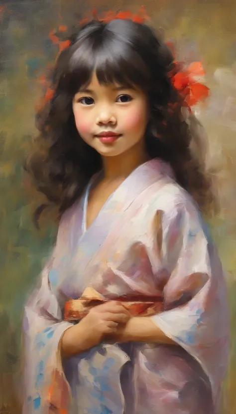 "create a cute cartoon style drawing, a 7-year-old japanese girl smiling slightly, similar to blythe dolls. she wears a kimono, ...