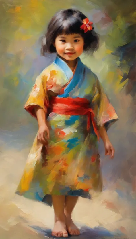 "create a cute cartoon style drawing, a 7-year-old japanese girl smiling slightly, similar to blythe dolls. she wears a kimono, ...