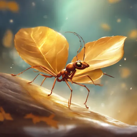 an ant standing on a piece of a golden floating leaf in the air