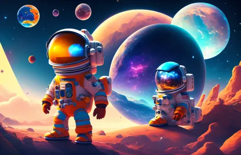 colorful cartoon astronaut in space with planets in background amazing space creature 4k in space small astronaut looking up ren...