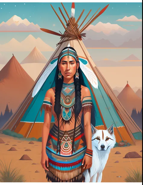 araffe native american indian woman with dog in front of teepee, : native american shamen fantasy, native american, jen bartel, ...