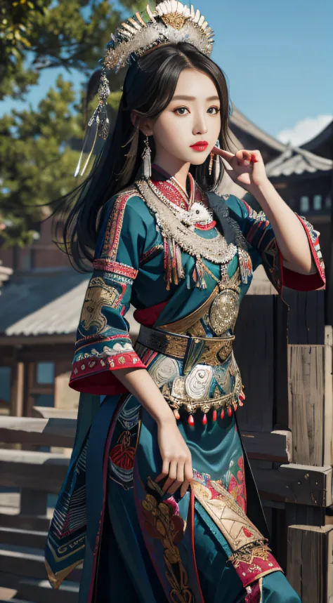 a hmong，a beauty girl，are standing，tall and tall，big eyes melon seed face，pretty and charming，peugeot facial features