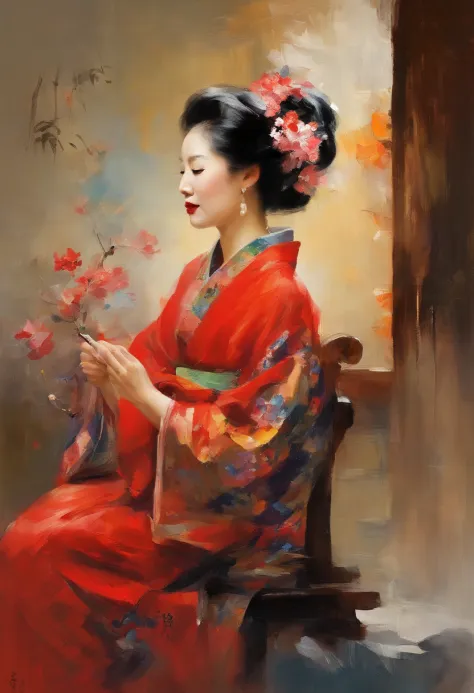 花魁、kimono、turn around、the whole、full bodyesbian、overall view、gorgeous red kimono、sister sitting、beckoning、smoke pipes