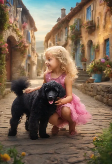 blond girl, 5 years old, playing with her black puppy, a poodle, small buildings in the background, (best quality,4k,8k,highres,...