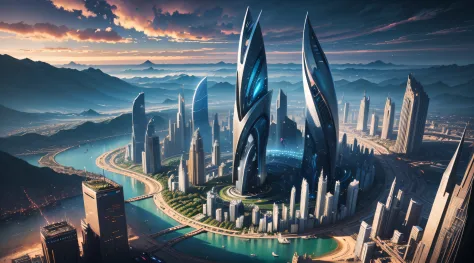 futuristic city, fantasy, 24th century, england