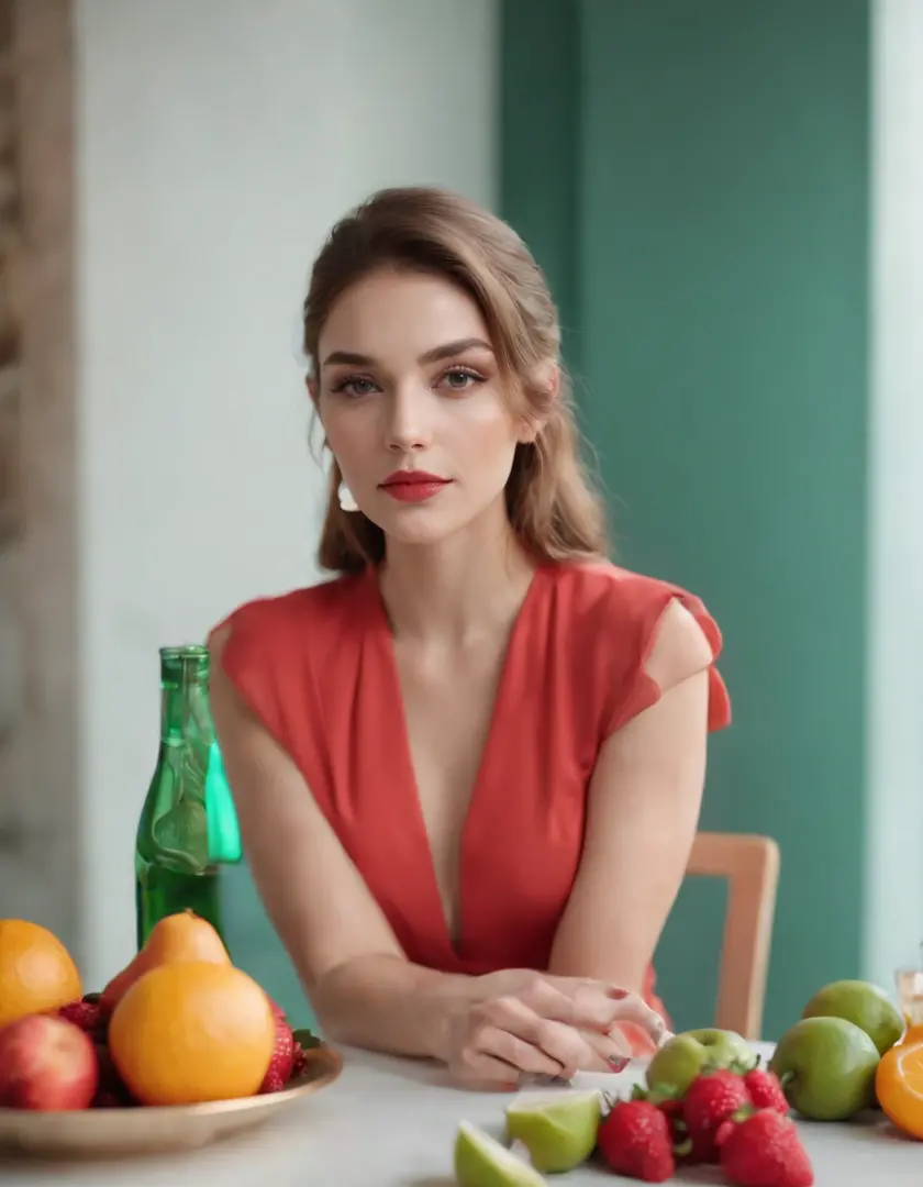 a young woman sits at a table with fruits and cocktails, styled in light red and light emerald colors, humorous image, wimmelbil...