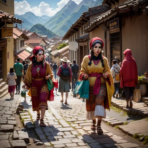 peru street life, machu pichu beautiful inca streets, people walking, (adriana lima :1.1) red lips, green eyes, shopping, tradin...