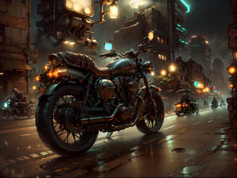 imagine a futuristic city at night, shrouded in cosmic dust, while a motorcyclist on his vintage motorcycle cuts through the sce...