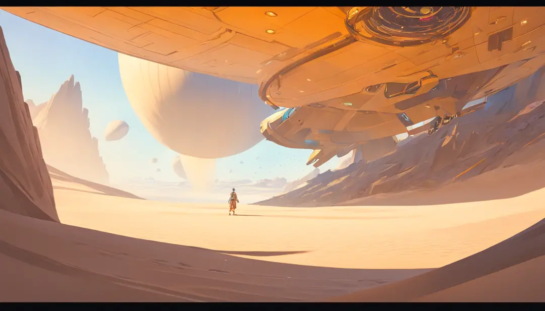 dune concept art，clean and neat tones，sci-fi base scene，there are many spaceships in the air，epic concept art， fine 8k，vray， was...