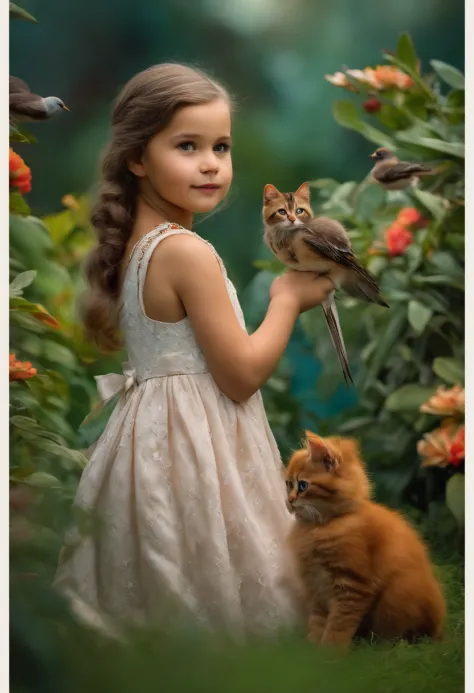 menina com gatinho, parque florido, borboletas, birds,