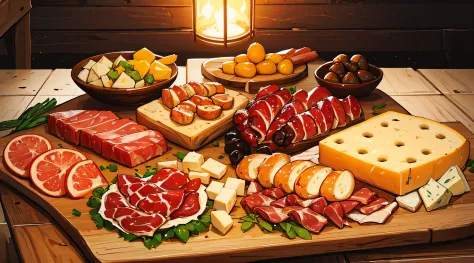 ((masterpiece)), ((best quality)), a rustic wooden board filled with a delectable charcuterie spread, featuring an assortment of...