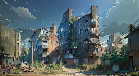 very cozy little place, surrealism, (makoto shinkai anime: 0.4), dilapidated old houses on city streets, home wiring, outdoors, ...