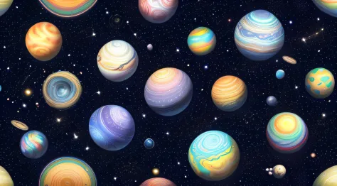 seamless patterns of galaxies and planets, cosmic design, repeating patterns design, fabric art, flat illustration, rainbow-core...