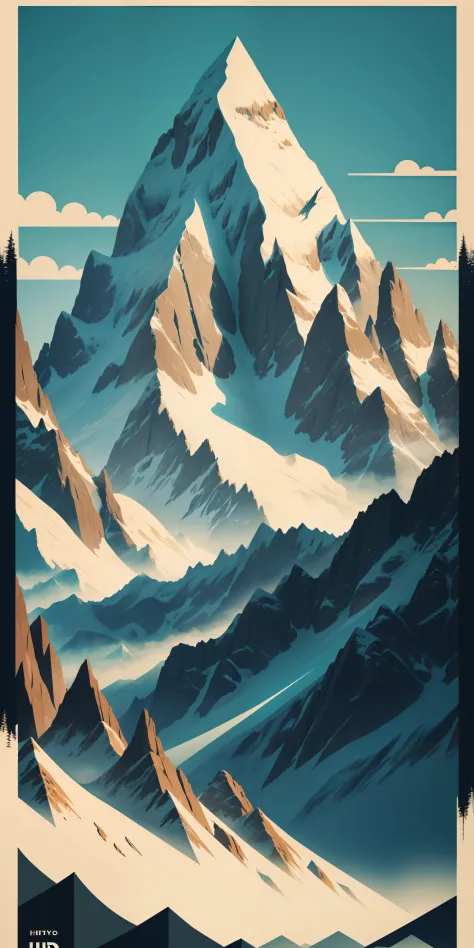 highly detailed publicity poster beautiful tall mountains and trees pop art typography vintage paper rule of thirds trending on ...