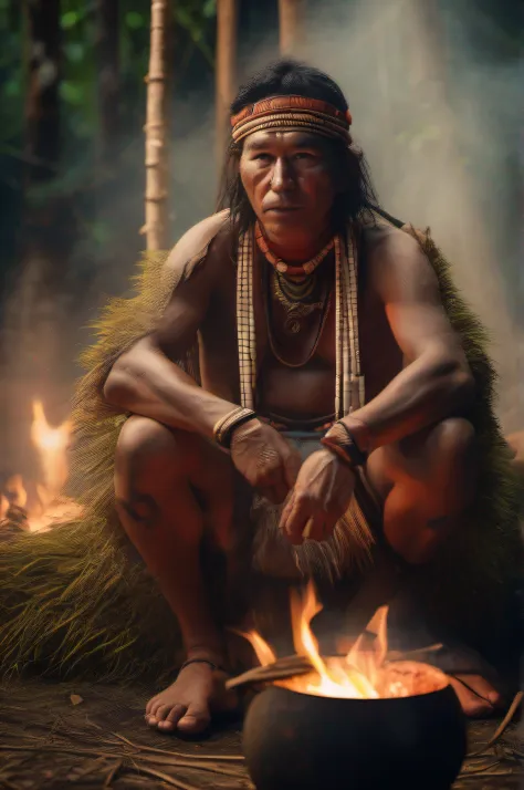 realistic, amazon rainforest, indigenous hollow, yanomami shaman, along with white hunting man, in safari clothes, around the ca...