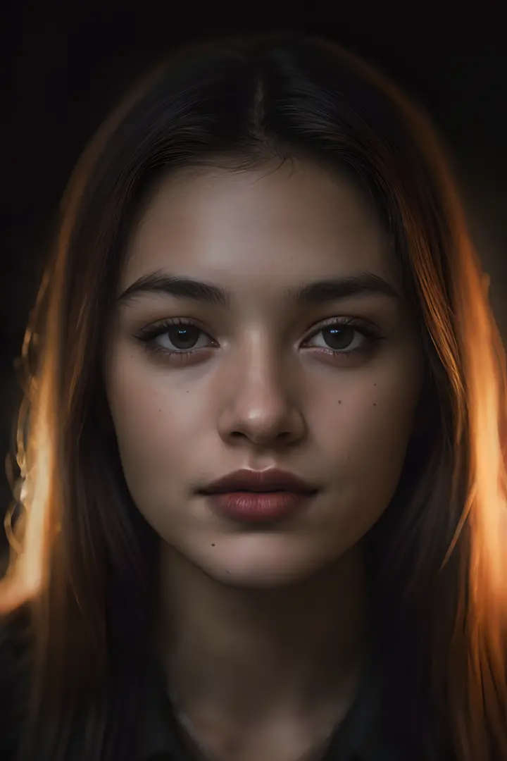 (close-up, editorial photograph of a 21 year old woman), (highly detailed face:1.4) (smile:0.7) (background inside dark, moody, ...