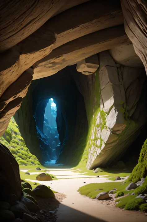 caverna de pedras com interior escuro e fundo verde