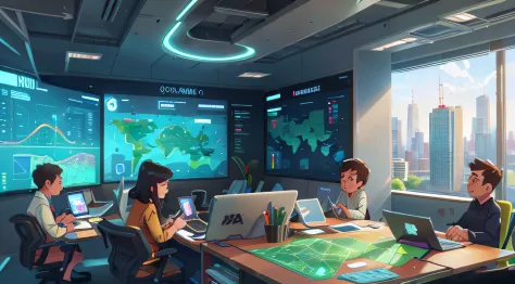 the high-tech city planning hub. the conference room features cutting-edge architecture and futuristic holographic displays. ami...