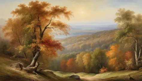 autumn woodland scene overlooking hills, trees at the side of the shot, looking through trees onto valley, asher brown durand, c...