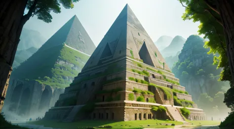 explore the enigmatic pyramid of bosnia, a unique structure shrouded in mystery and surrounded by lush greenery. rendered in a b...