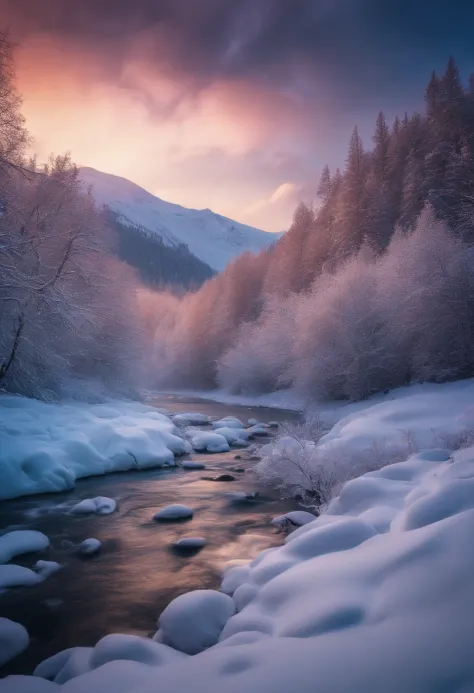 aurore rose dans la neige blanche, montagne de neige,river,snowstorm,colorful stars sparkling, moteur unreal, 8k disque dur, dis...