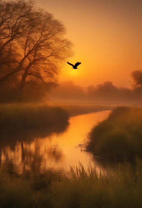 peaceful scenery at dawn, soft golden tones depict the horizon as birds sing, image in 1440 x 2560 pixel format