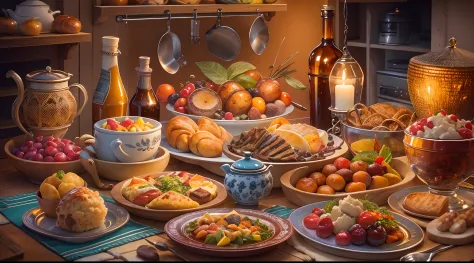 (a cozy kitchen dinner),oil painting, family gathering,detailed table scene,vibrant colors,warm lighting,delicious food,happy at...