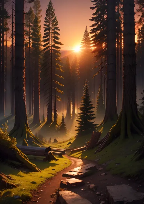 change background, realistic sunset, forest,ultra grafics