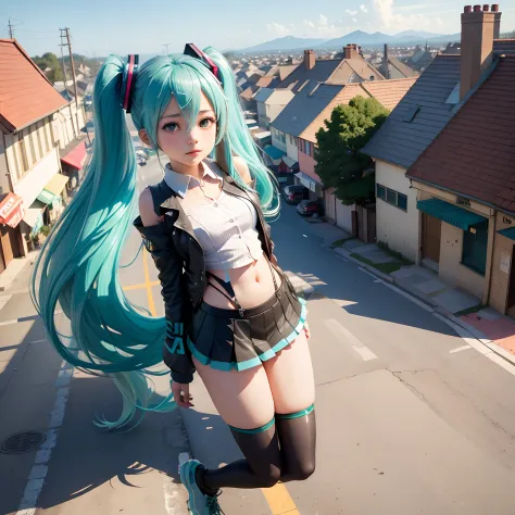 hatsune miku, giantess, on a town