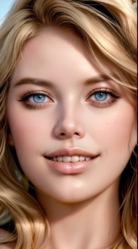 um close up de uma mulher com cabelos loiros e olhos azuis, kate upton, rostos hiper realistas, rostos ultra realistas precisos,...