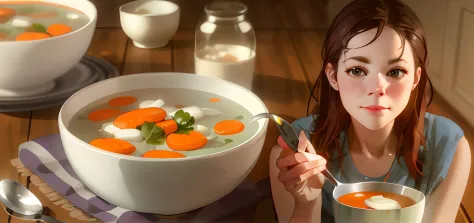 woman holding a spoon and a bowl of soup with carrots and cream, super realistic food picture, soup, good soup, digital render, ...