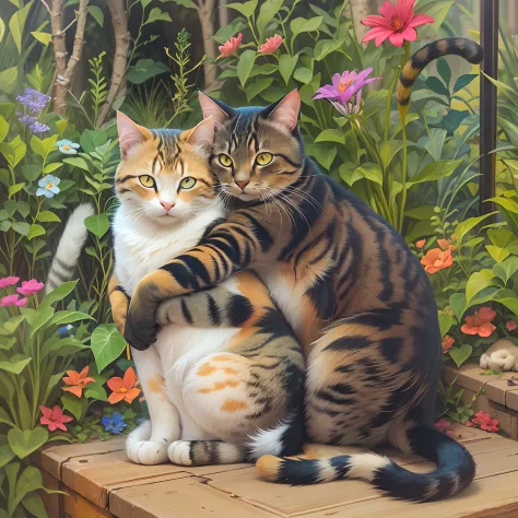 two cats hugging each other, trpical garden,