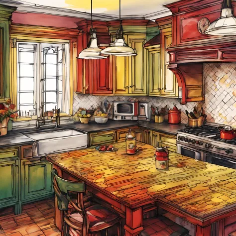 a drawing of a kitchen with a table and chairs, colorful architectural drawing, beautiful artist rendering, in gouache detailed ...