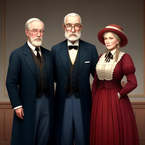 two old men，period costume，a woman, a man