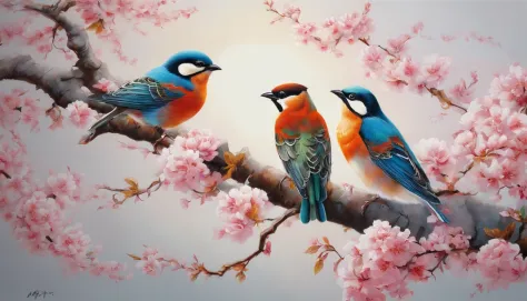 painting of two birds sitting on a branch of a tree, birds on cherry tree, beautiful nature, birds in the sunlight, by li keran,...