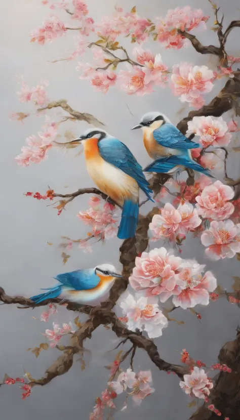 painting of two birds sitting on a branch of a tree, birds on cherry tree, beautiful nature, birds in the sunlight, by li keran,...