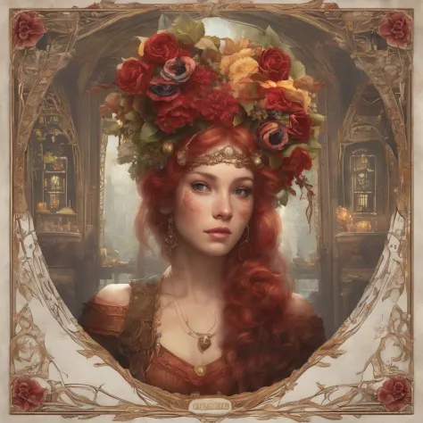 painting of a red-haired woman with makeup from the day of the dead and a golden dress, mucha klimt et tom bagshaw, craig mullin...