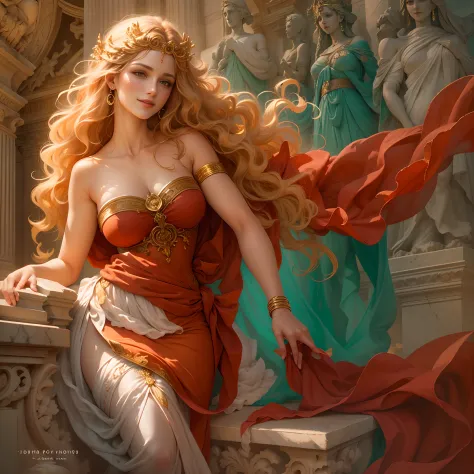 goddess, rome, red dress, big breasts, golden hair, blue irises, illustration, detailed, high quality, vivid colors, radiant lig...