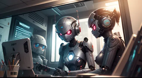 scifi illustration，cg，look through the glass at the busy robot at the workstation，3drenderingof