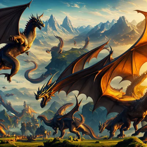 background image, with several dragons of different races, 8k, beautiful landscape